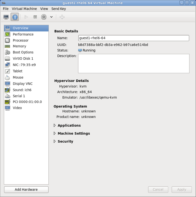 The virtual machine hardware window with the Information button selected on the top taskbar and Overview selected on the left menu pane, displaying the newly added PCI Device in the list of virtual machine devices in the left menu pane.