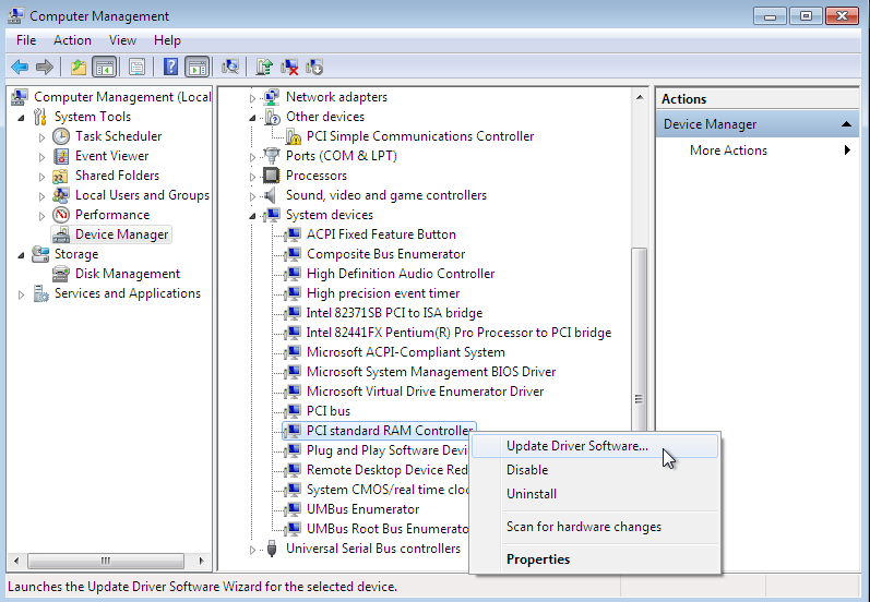 Locate the appropriate device under the expanded System Devices entry in the Computer Management window.