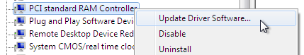 Open the driver update wizard by right-clicking the device to be updated and selecting the first menu option, Update Driver Software, in the Computer Management window.