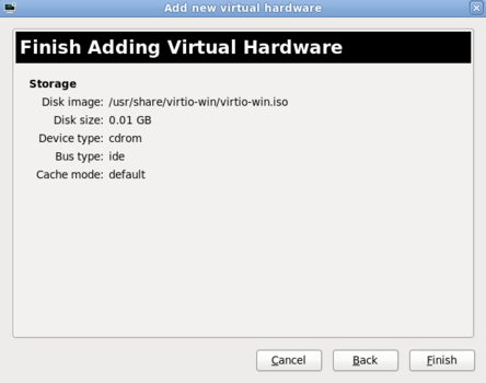 The final screen of the Add new virtual hardware wizard in Red Hat Enterprise Linux 6.1.