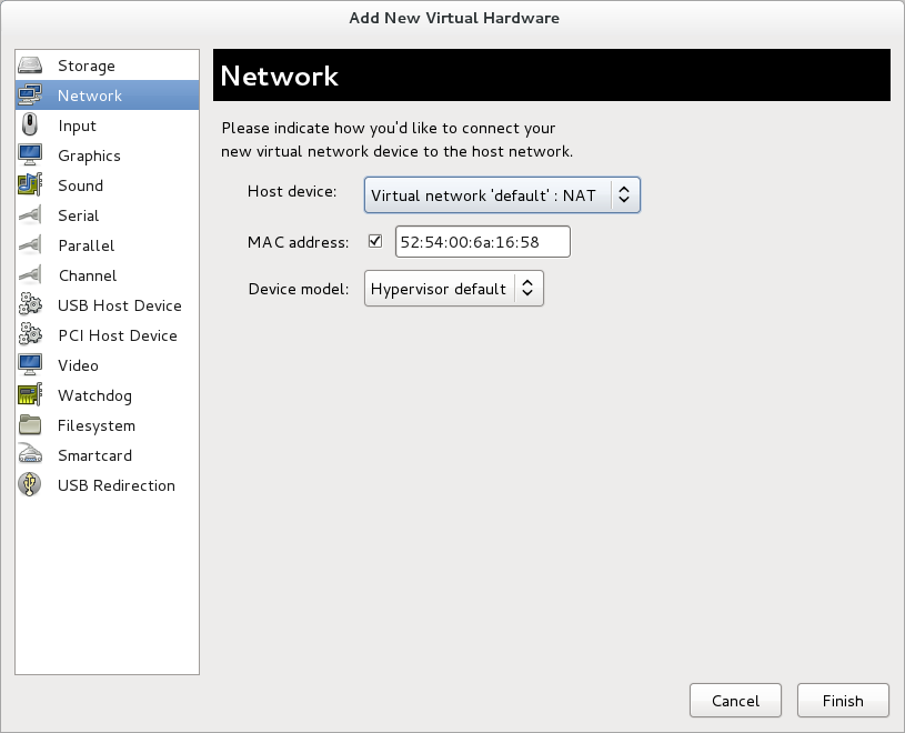 The Add new virtual hardware wizard with Network selected as the hardware type.