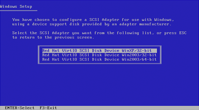 The next Windows blue screen reads Window Setup at the top in plain text and provides options to select the SCSI Adapter to be installed. Options at the bottom of the screen include ENTER to select, or F3 to exit.