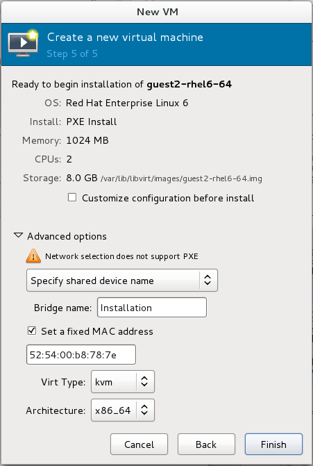 Step 5 of 5 for creating a new virtual machine with virt-manager reads "Ready to begin installation of (guest name)" with a summary of options already chosen, and advanced options to choose from.