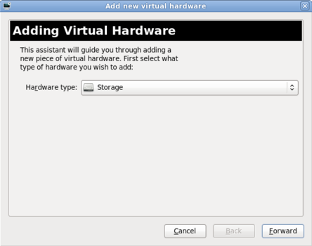 The Add new virtual hardware wizard window in Red Hat Enterprise Linux 6.1 with Storage selected as the hardware type.