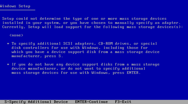 The next Windows pre-installation blue screen reads Window Setup at the top in plain text and details the option to install an additional device. Options at the bottom of the screen include S to "Specify Additional Device", ENTER to continue, or F3 to exit.