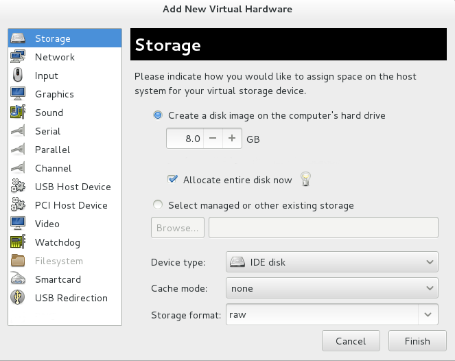 The Add new virtual hardware wizard with Storage selected as the hardware type.