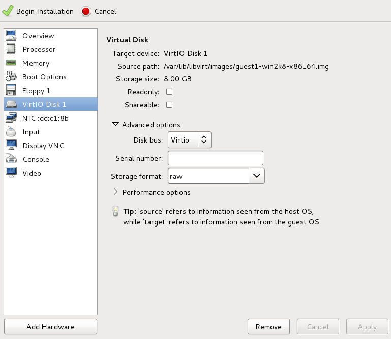 The virtual machine hardware information window with the Overview option selected, showing Basic Details, Hypervisor Details, plus expandable headings Machine Setting and Security, in the right part of the window.