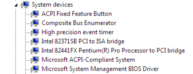 Detail of viewing available system devices from the Computer Management window.