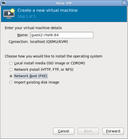Step 1 of 5 for creating a new virtual machine with virt-manager, with Network Boot (PXE) chosen for the method of installation.