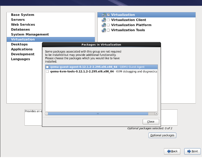 The Red Hat Enterprise Linux package selection screen with a pop-up Packages in Virtualization window showing the packages available to be installed.