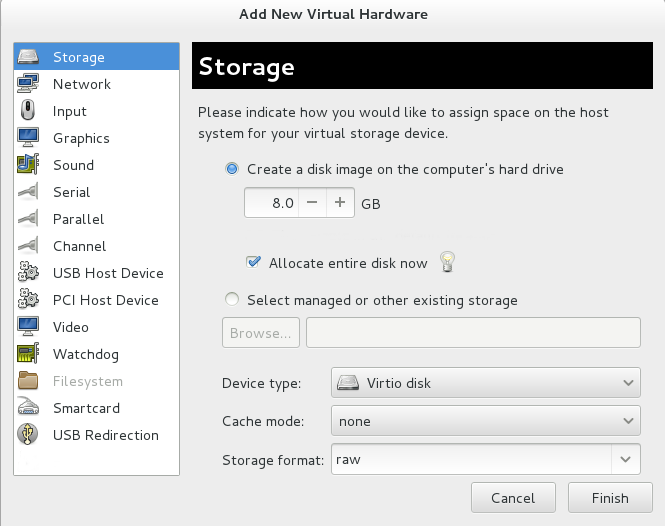 The Add new virtual hardware wizard Storage window, with "Create a disk image on the computer's hard drive" selected.