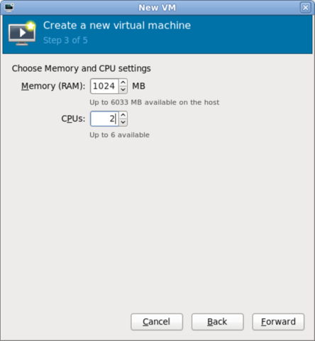 Step 3 of 5 for creating a new virtual machine with virt-manager showing memory and CPU settings, with 1024MB of RAM and 2 CPUs selected.