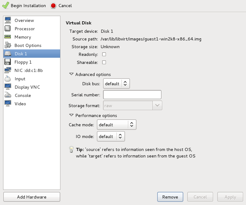 The virtual machine hardware information window with virtual disk Disk 1 selected, with the Remove button available at the bottom right corner of the window.