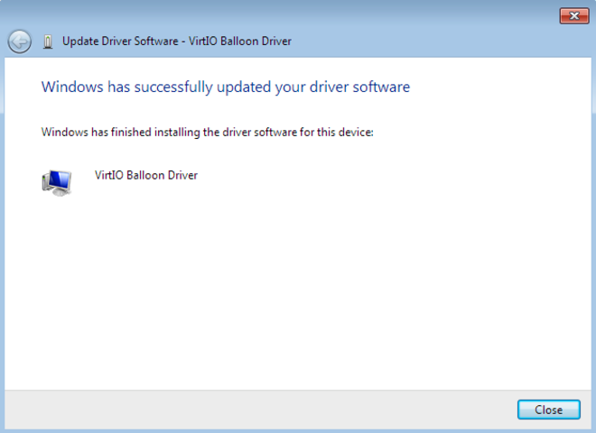 After the driver software installs, the Update Driver Software wizard window read "Windows has successfully updated your driver software".