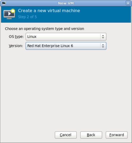 Step 2 of 5 for creating a new virtual machine with virt-manager, with Linux chosen as OS Type and Red Hat Enterprise Linux 6 chosen for version.