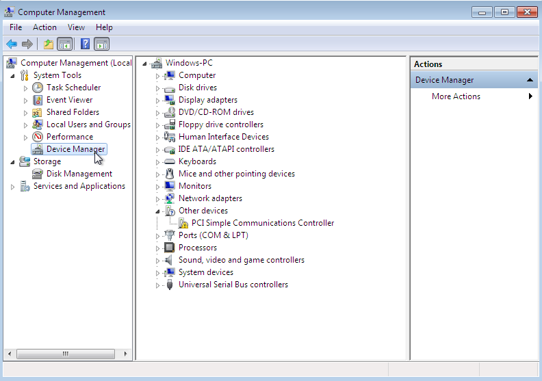 Opening the Device Manager on the right hand side of the Computer Management window.