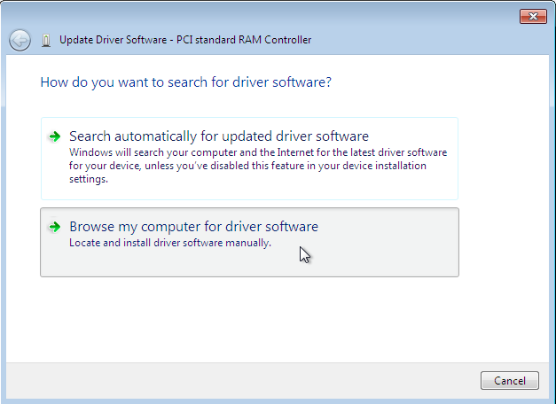 The driver update wizard provides two options for searching for driver software.