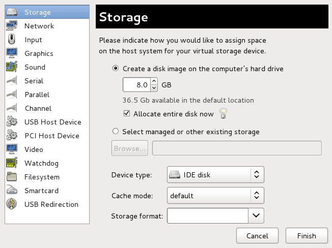 The Add new virtual hardware wizard with Storage selected in the Hardware type field.