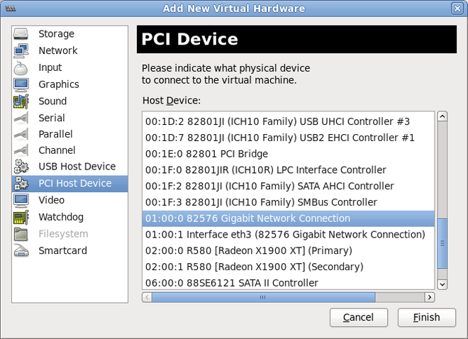 The Add new virtual hardware wizard with PCI Host Device selected on the left menu pane, showing a list of host devices for selection in the right menu pane.