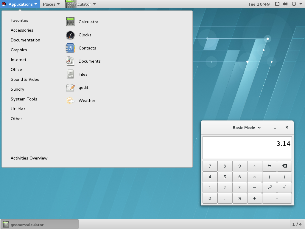 계산기 애플리케이션 및 애플리케이션 메뉴의 액세서리 하위 메뉴가 있는 GNOME Classic