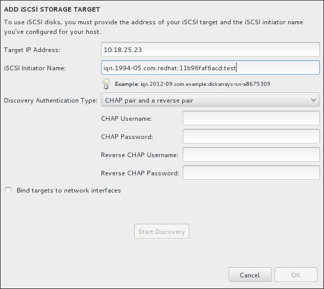 Der Dialog für Details zur iSCSI-Erkennung