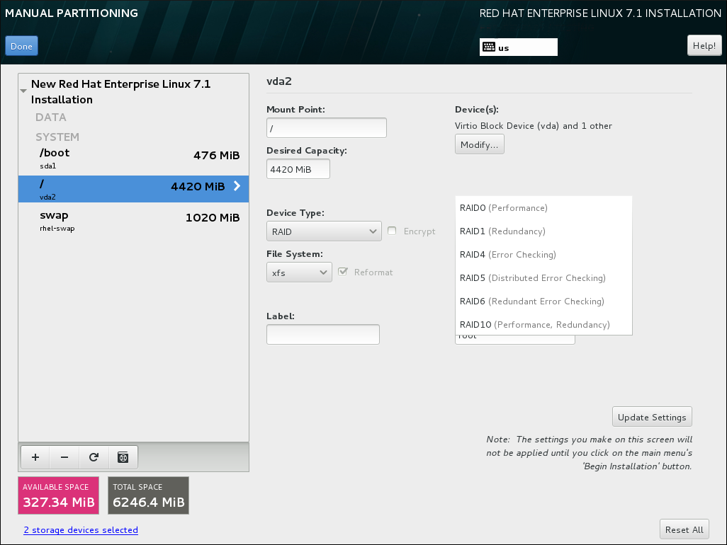 Creating a Software RAID Partition - the Device Type Menu Expanded