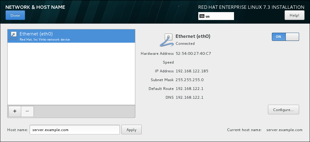 Network & Hostname Configuration Screen