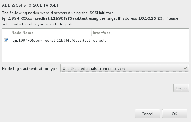 El diálogo de nodos detectados de iSCSI