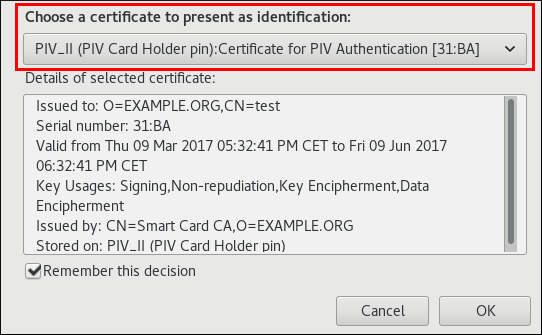 Selecting the smart card certificate
