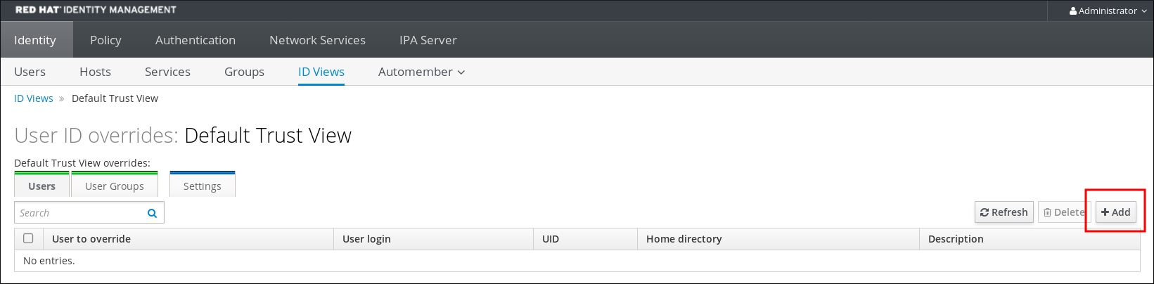 IdM Web UI で新規ユーザー ID オーバーライドの追加