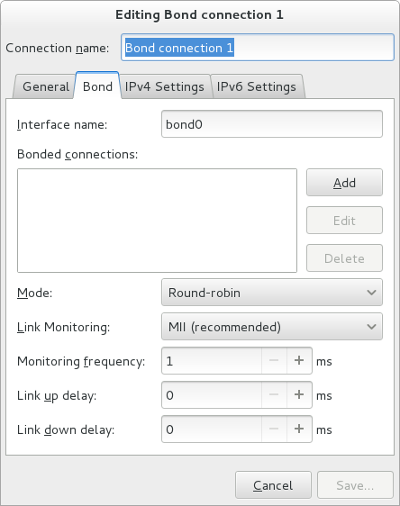 The NetworkManager Graphical User Interface Add a Bond menu