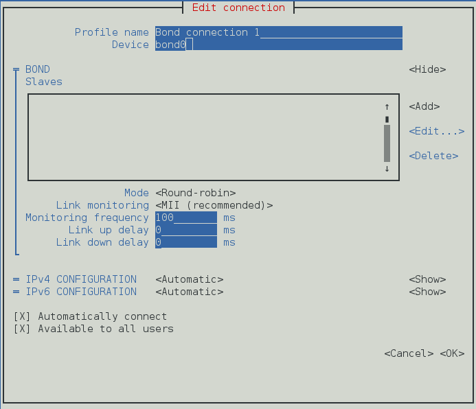 The NetworkManager Text User Interface Configuring a Bond Connection menu