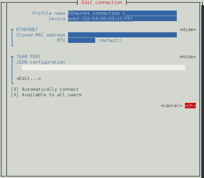 The NetworkManager Text User Interface Configuring a Team's Port Interface Connection menu