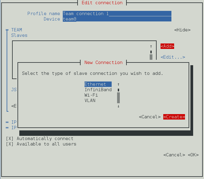 The NetworkManager Text User Interface Configuring a new Team Port Interface Connection menu