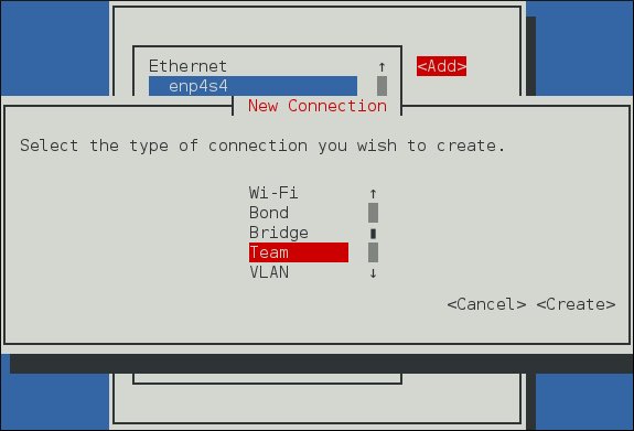 The NetworkManager Text User Interface Add a Team Connection menu