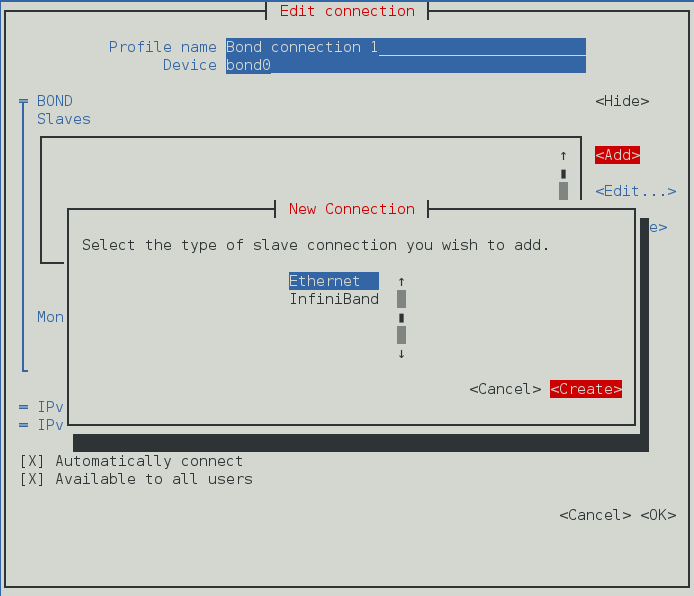 The NetworkManager Text User Interface Configuring a New Bond Slave Connection menu