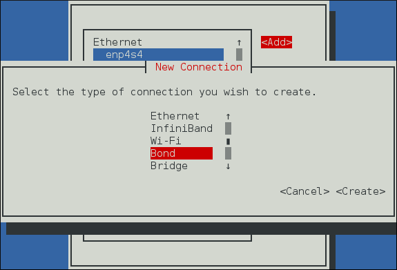 The NetworkManager Text User Interface Add a Bond Connection menu