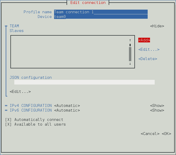 The NetworkManager Text User Interface Configuring a Team Connection menu