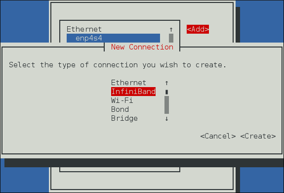 The NetworkManager Text User Interface Add an InfiniBand Connection menu