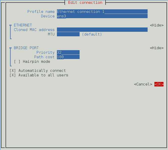 Pour que l'interface texte d'utilisateur du NetworkManager configure un menu de connexion de pont esclave