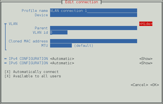 Pour que l'interface utilisateur texte du NetworkManager configure un menu de connexion VLAN