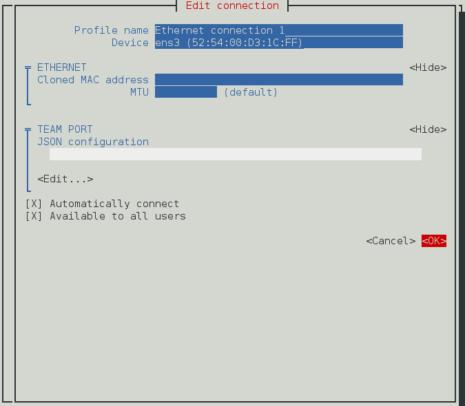 Pour que l'interface utilisateur texte du NetworkManager configure un menu de connexion d'interface de ports Team