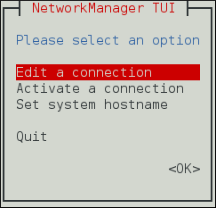 Le menu de démarrage de l'interface utilisateur texte du NetworkManager