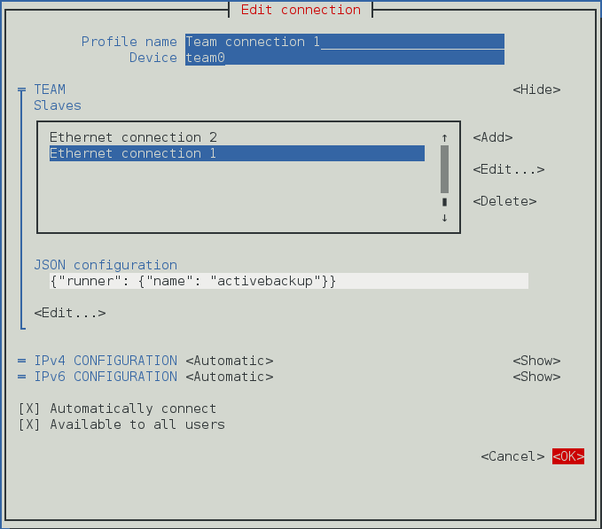 NetworkManager テキスト形式ユーザーインターフェイスでチーム接続を設定するメニュー