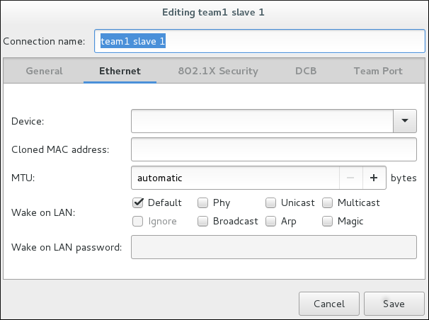 NetworkManager グラフィカルユーザーインターフェイスの スレーブ 接続追加