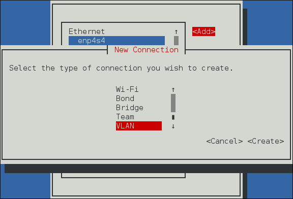 NetworkManager テキスト形式のユーザーインターフェイスの VLAN 接続追加メニュー