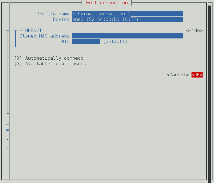 NetworkManager 텍스트 사용자 인터페이스 본딩 연결 메뉴 구성