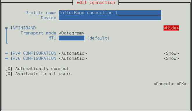 NetworkManager 텍스트 사용자 인터페이스 InfiniBand 연결 구성 메뉴
