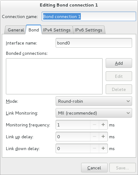 NetworkManager 그래픽 사용자 인터페이스 추가 본딩 메뉴