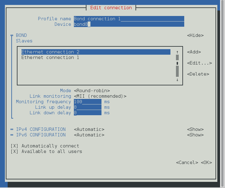 NetworkManager 텍스트 사용자 인터페이스 완료된 본딩